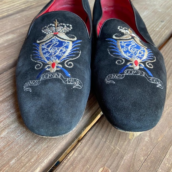 Cesare Paciotti Black Suede Embroidered Crest Smoking Slippers Loafers Men's 8 - Picture 3 of 10